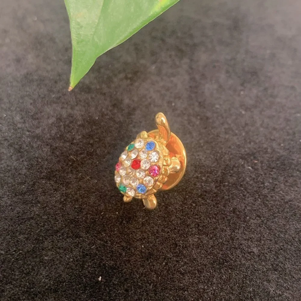 Miniature Gold Tone Turtle Pin with Multi-Colored Crystal Shell Details